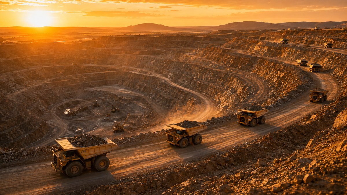 Open-pit mine — fleet of mining dump trucks