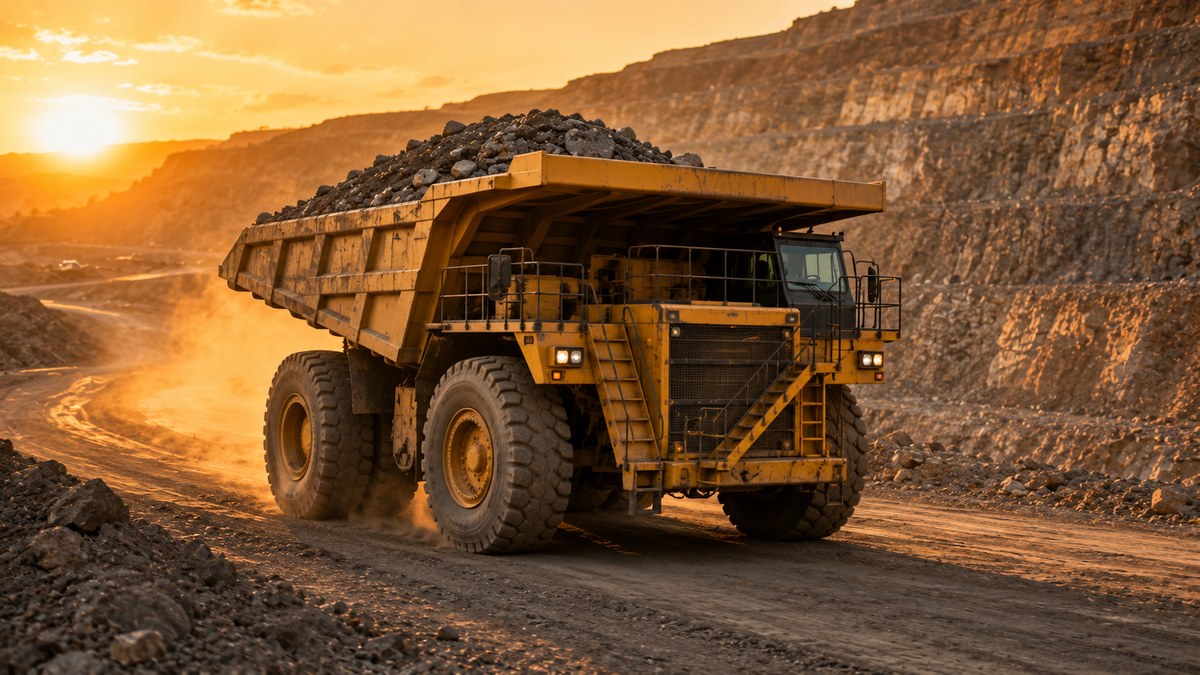 Mining dump truck on haul road — wide-body mining tires