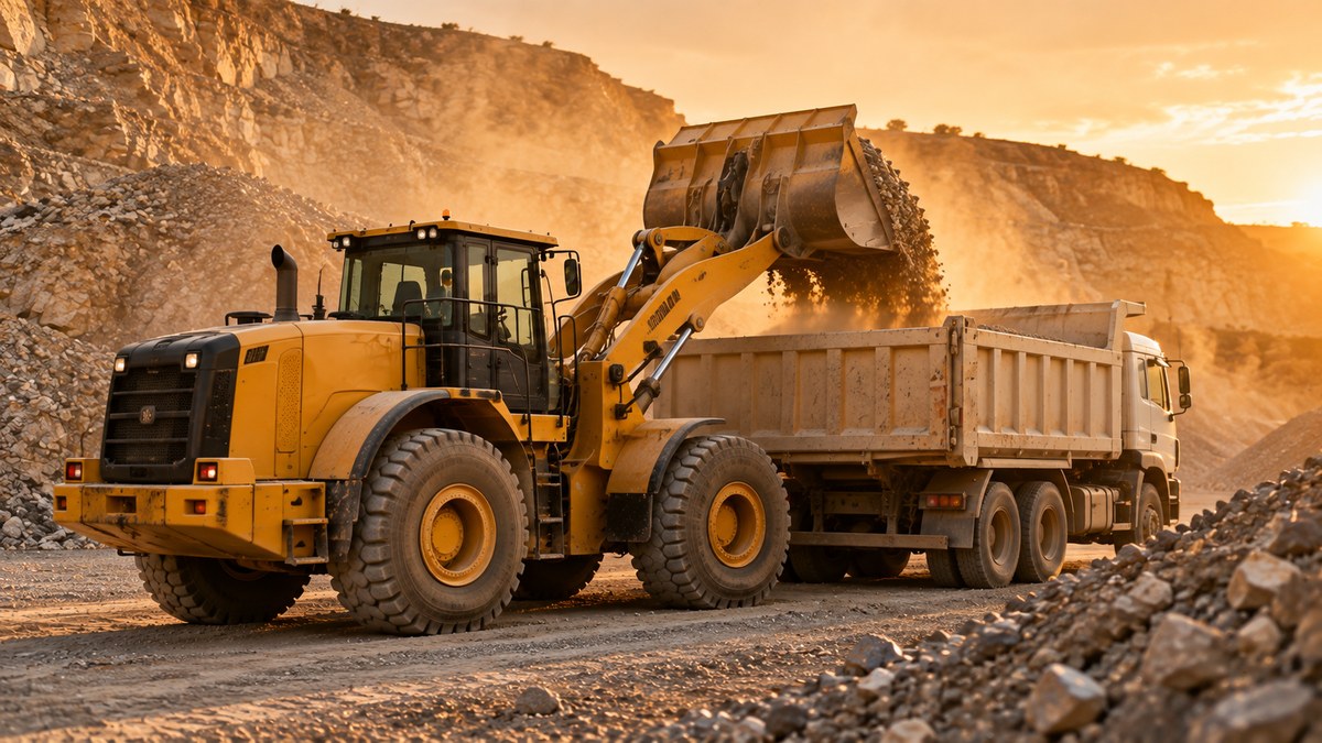 Wheel loader at construction site — OTR & industrial tires