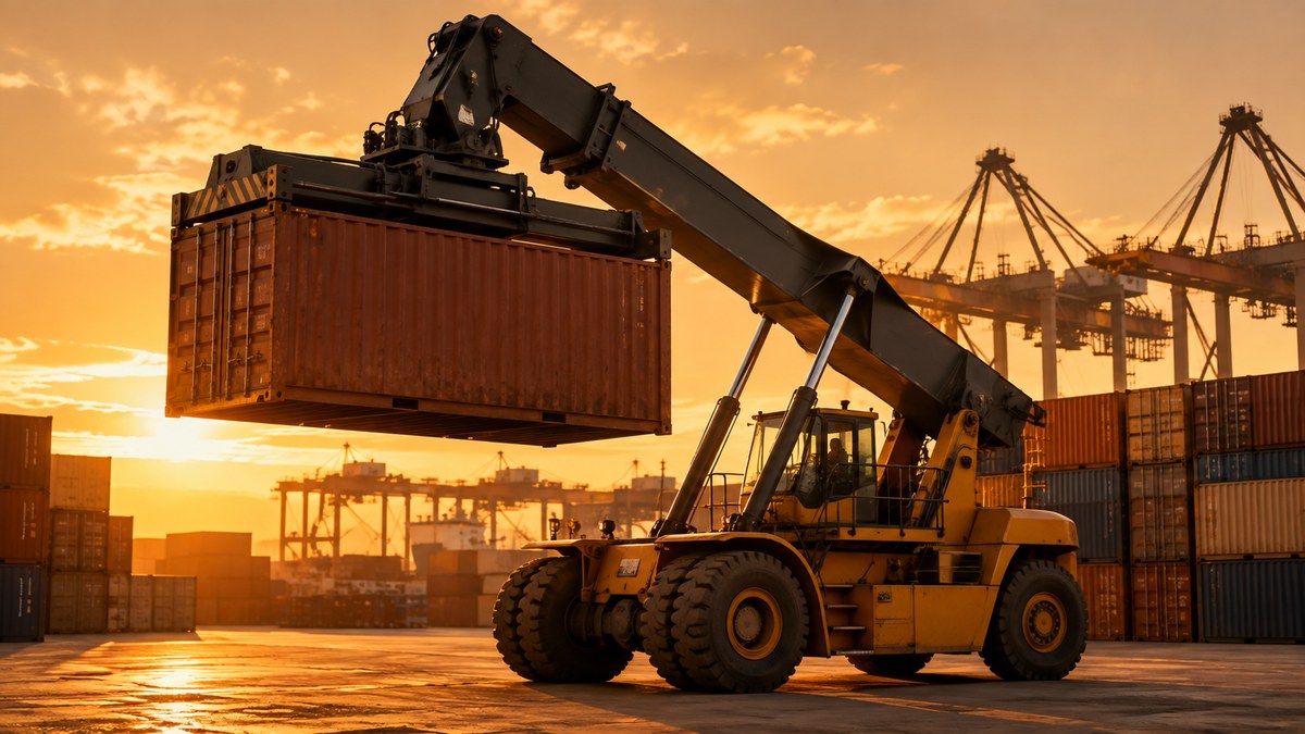 Reach stacker lifting a container in a port yard
