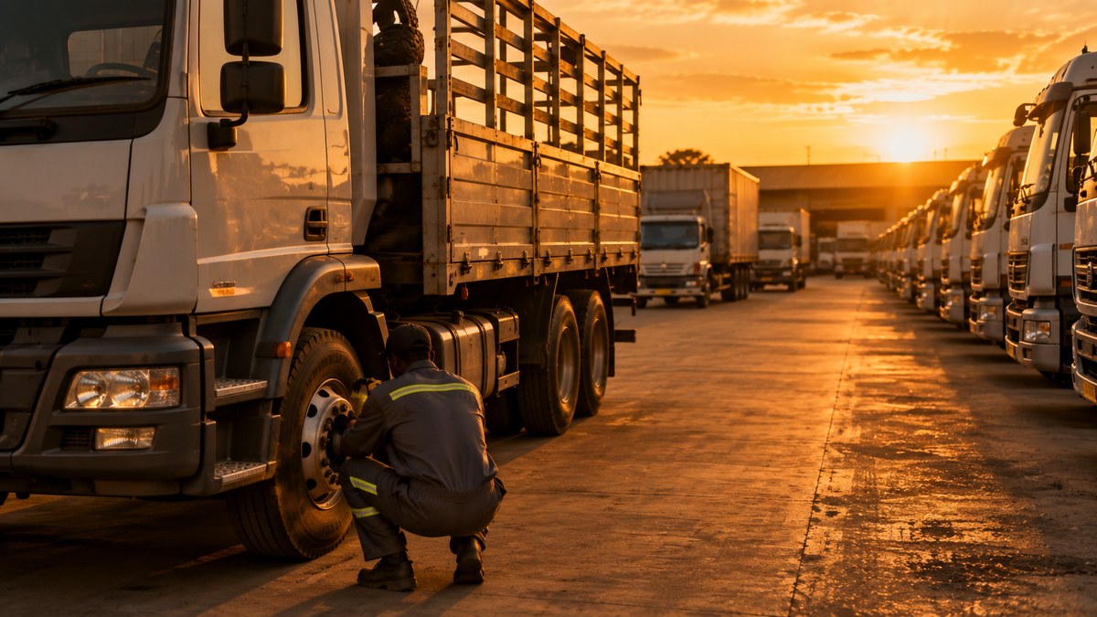 Technician checking tires on a fleet of cargo trucks