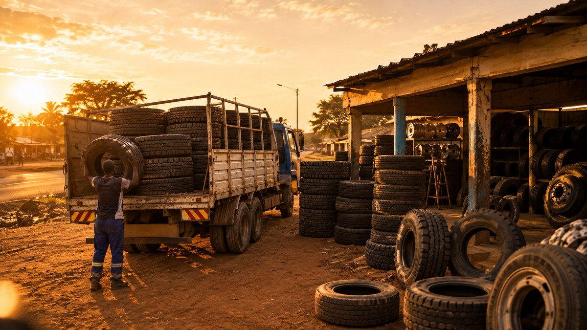 New tires being delivered to a roadside tire shop