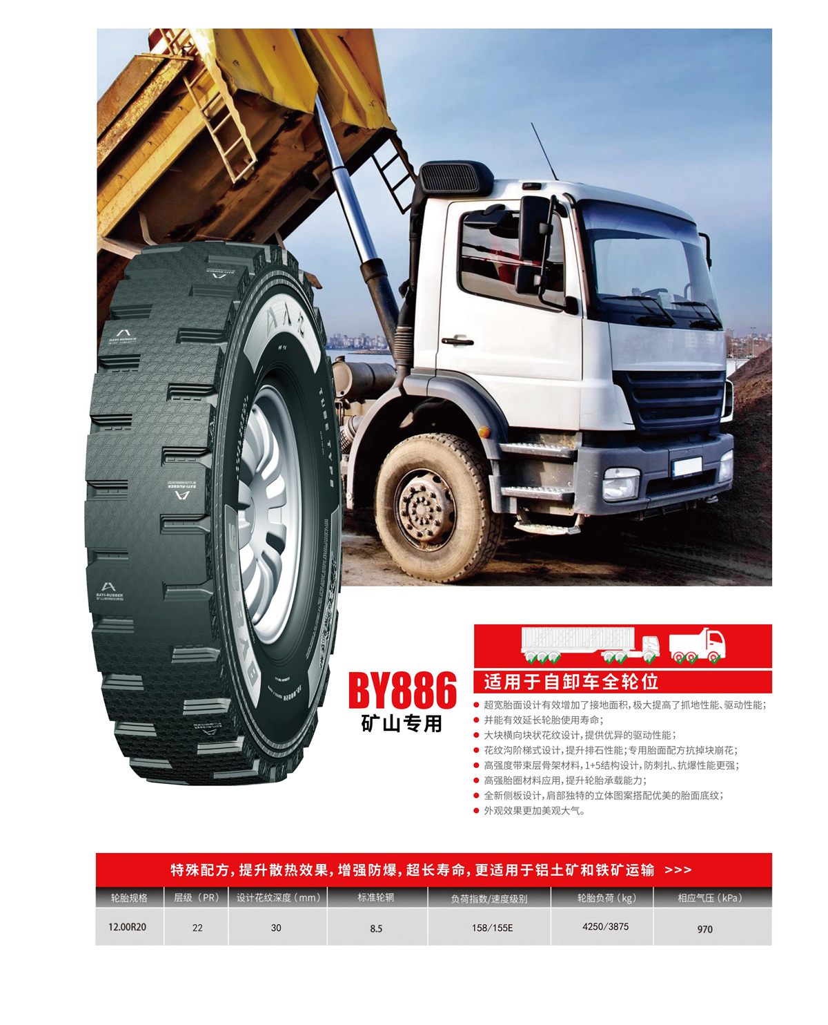 BY886 blast-resistant mining tire factory sheet
