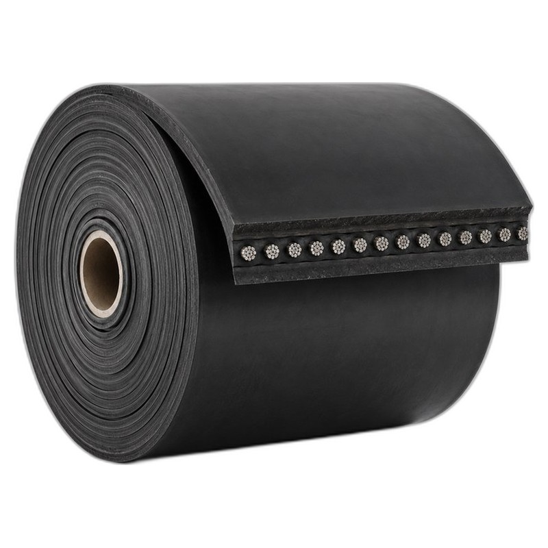 ST steel cord conveyor belt roll with cross-section showing steel cords